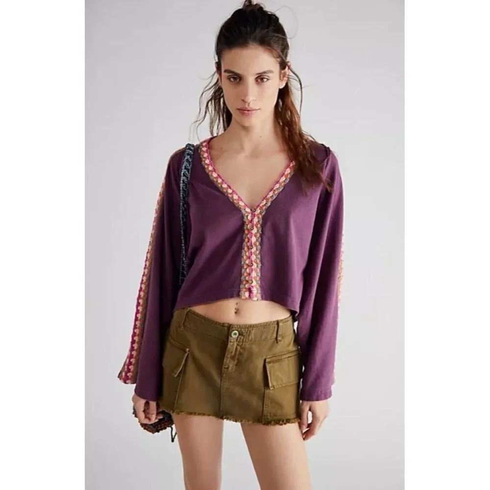 Free People Something Good  Crocheted Trim Tee Button Up Cardi Purple Size L NEW